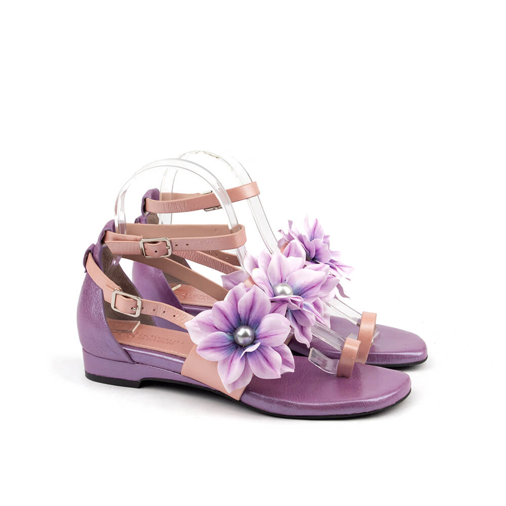 Purple 3D flower flat sandals with grey pearl center ankle strap