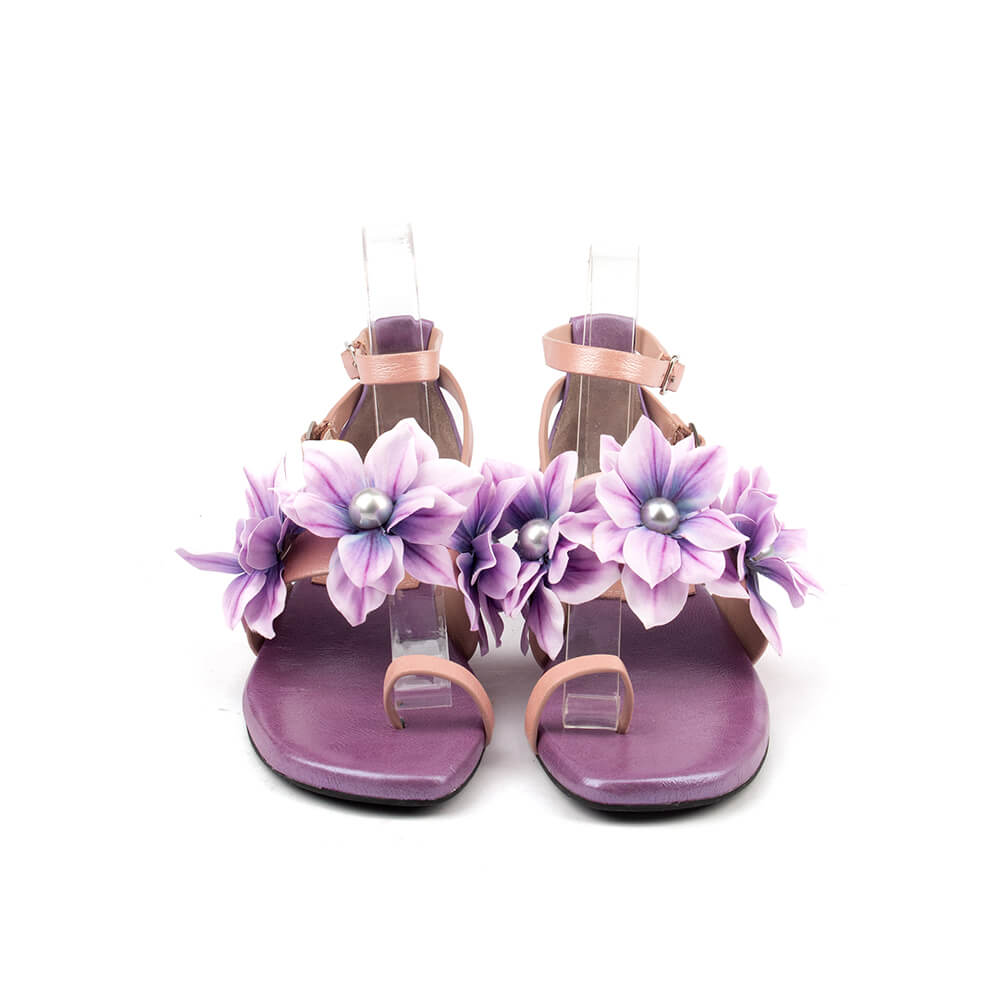 Amethyst floral flat sandals purple metallic leather dusty rose strap