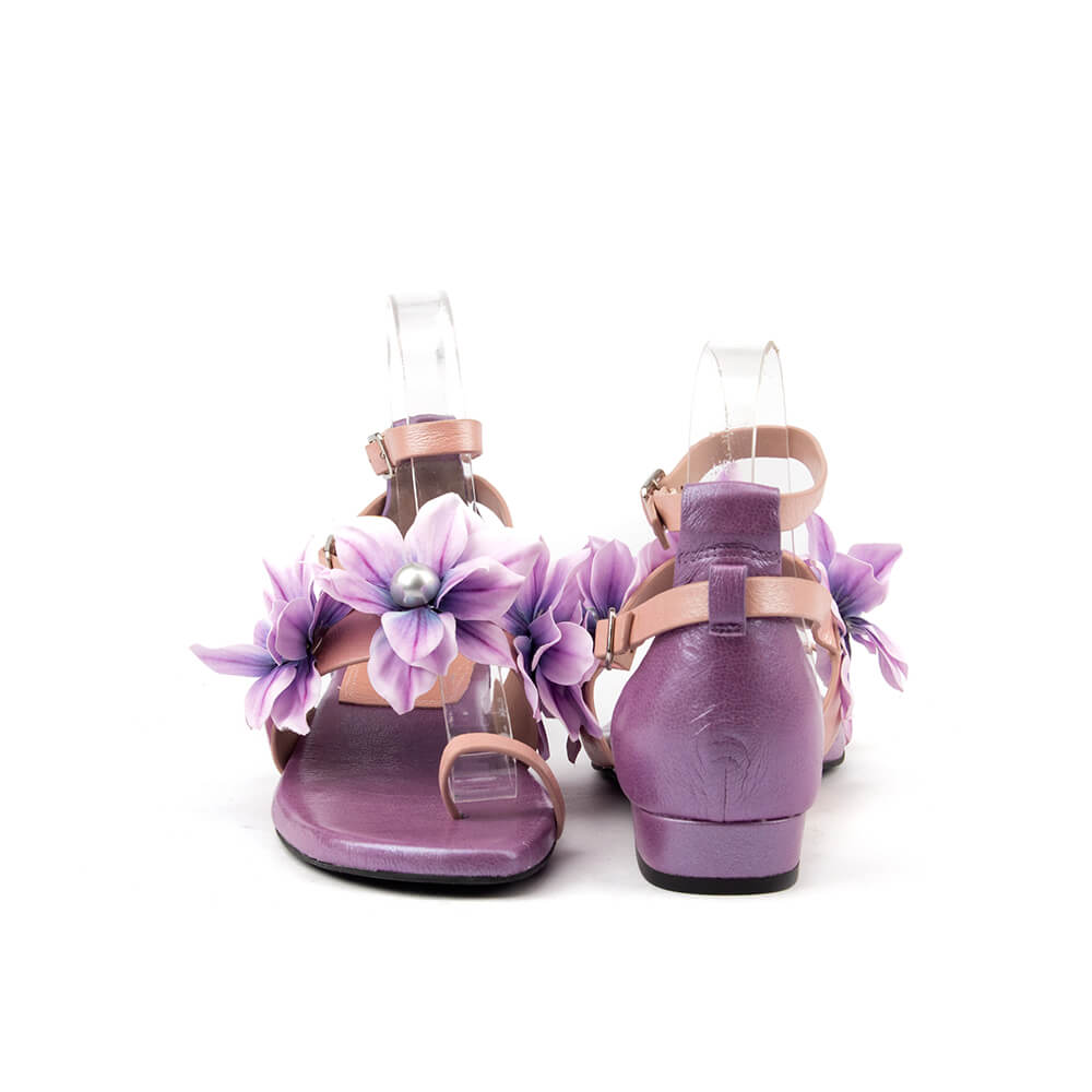 Women's flower embellished flat sandals violet pearl open toe