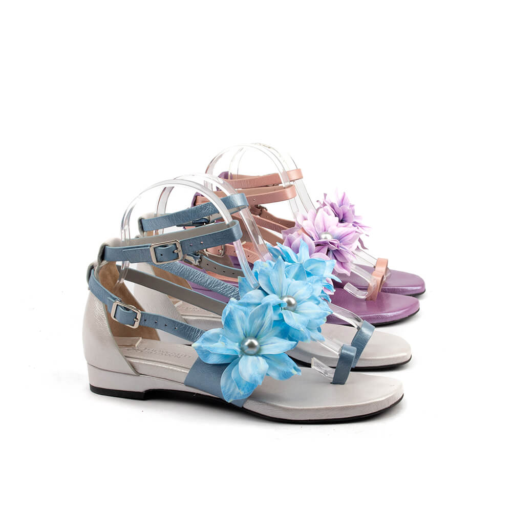 Violet petal floral flat sandals purple leather rose nude straps