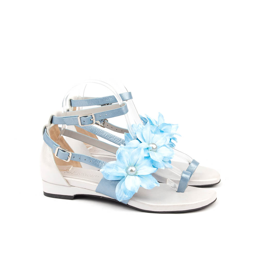 Sky blue 3D flower flat sandals with pearl center ankle strap