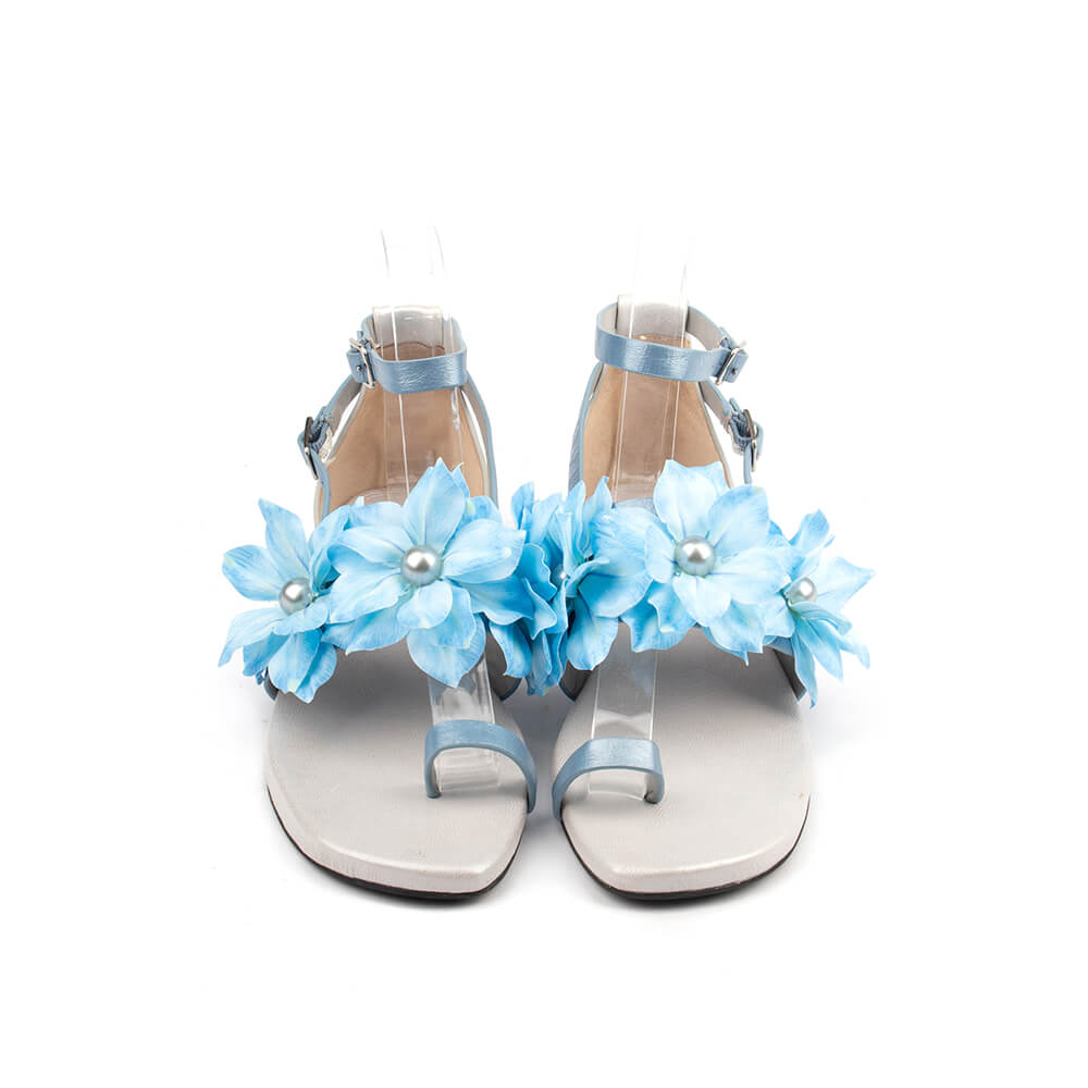 Turquoise floral flat sandals silver metallic leather double buckle