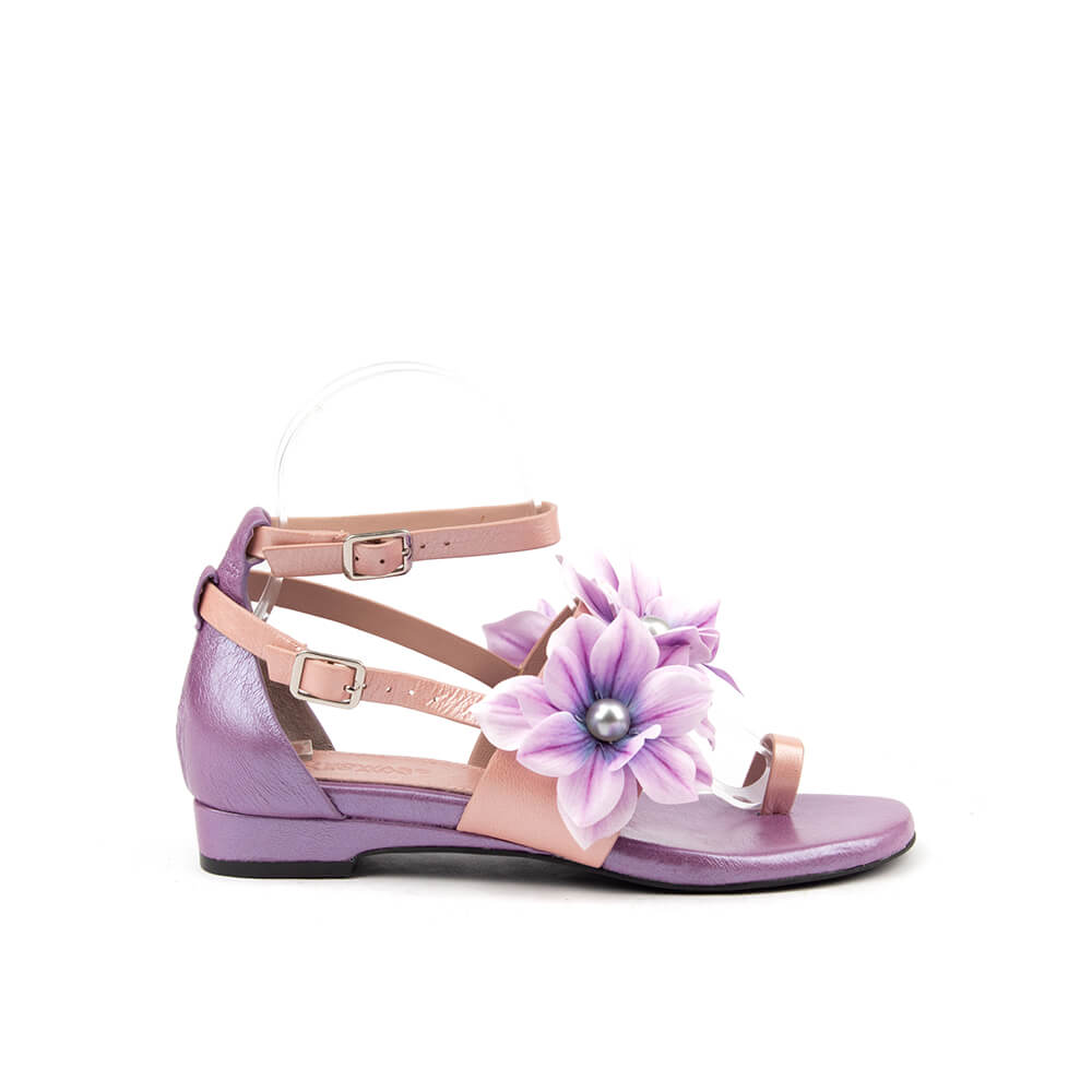 Women's violet petal floral appliqué flat sandals purple rose