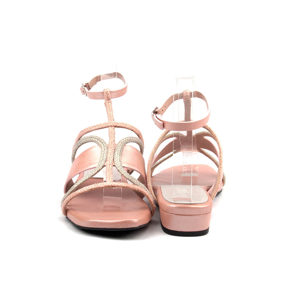 Monochromatic blush flat sandals metallic leather braided gold rope