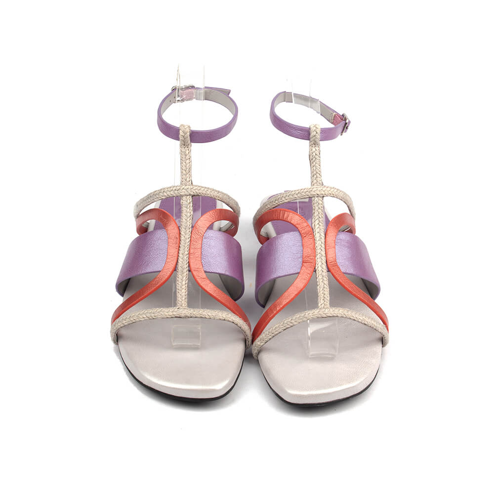Color block T-bar flat sandals purple coral natural rope silver base