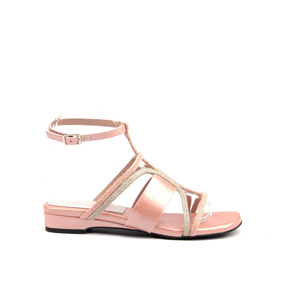 Women's rose quartz shimmer braided rope T-bar flat sandals blush