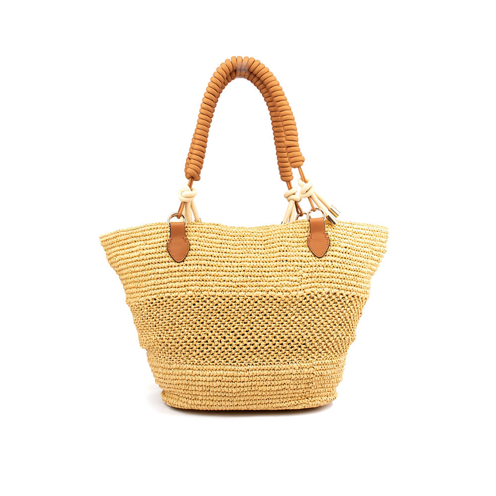 Spacious straw tote bag with mixed weave texture and leather tab hardware
