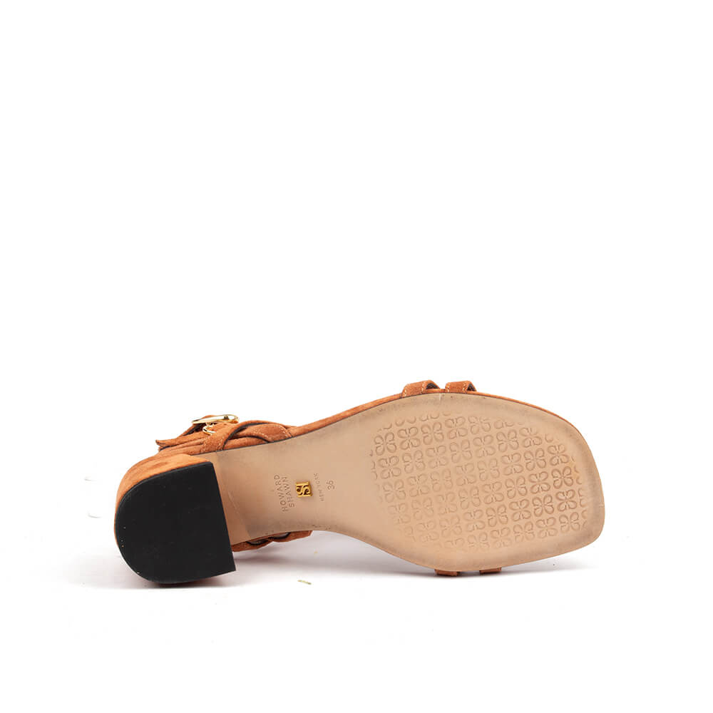 Women's boho block heel sandals tan suede cross-strap tassel gold