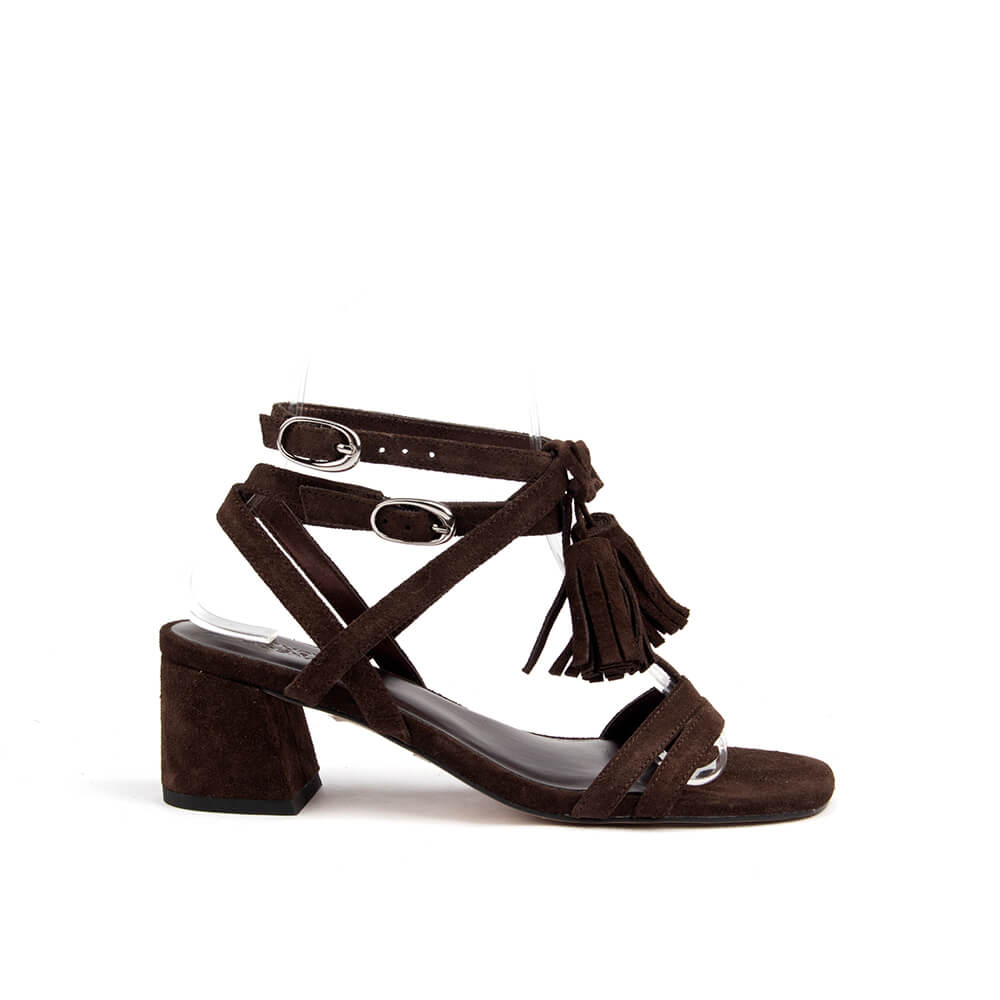 Women's dark espresso suede tassel block heel sandals chocolate brown