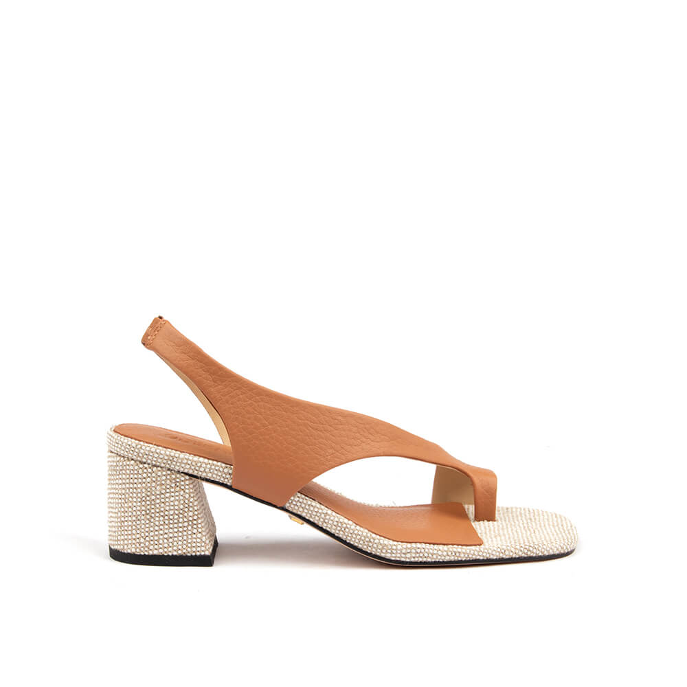 Women's caramel crystal block heel slingback sandals tan leather