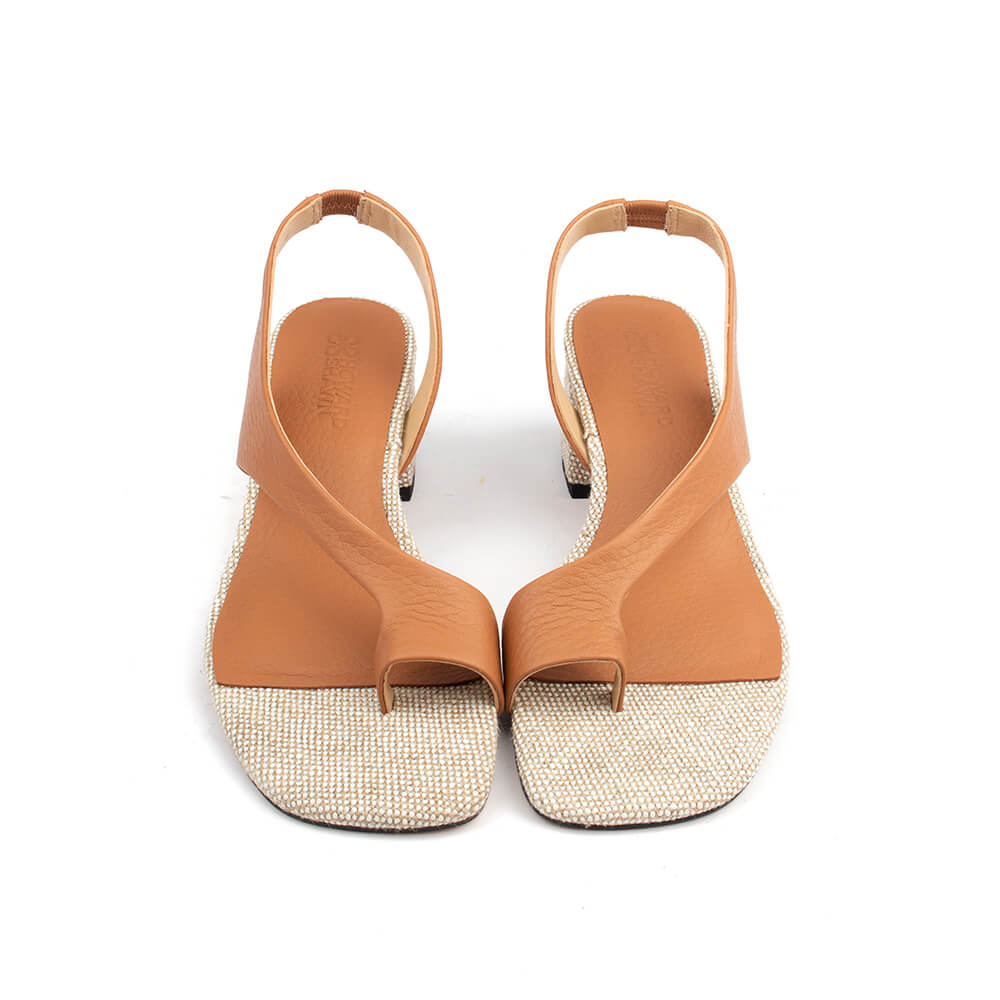 Crystal diamanté block heel sandals caramel tan leather thong strap