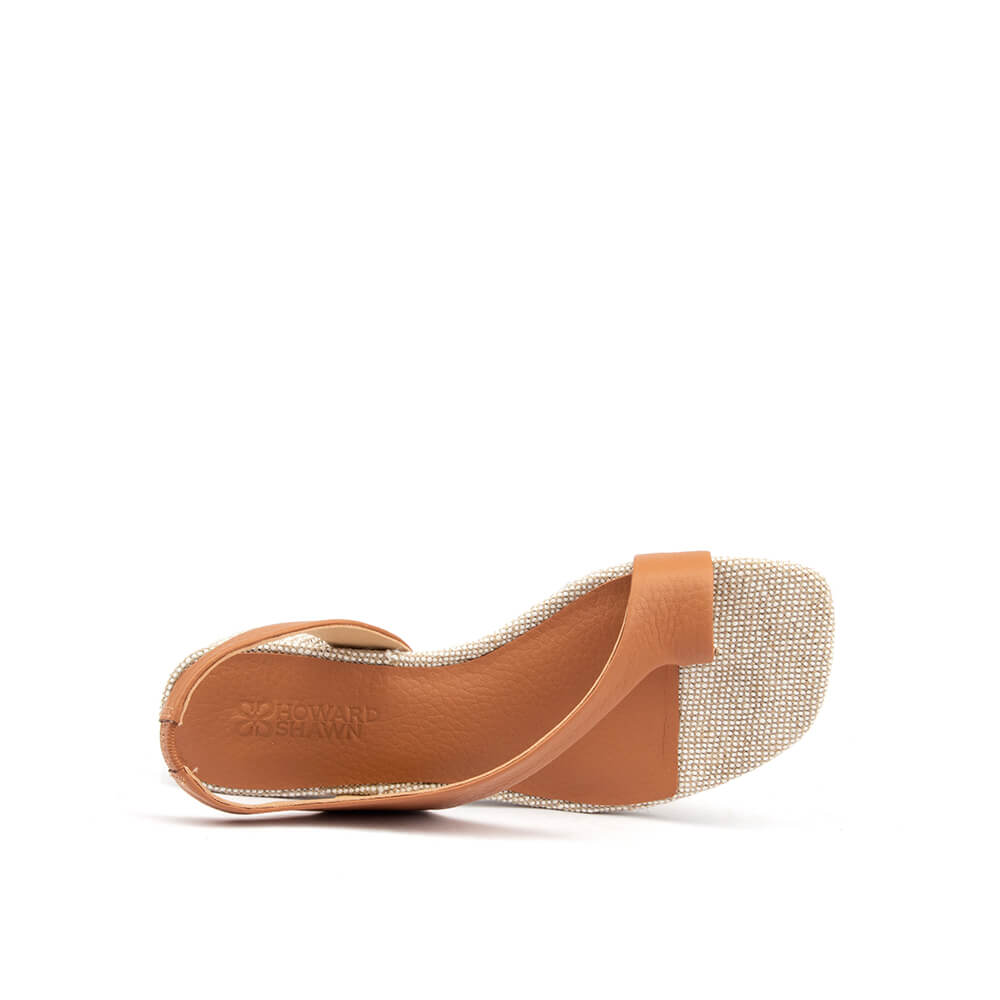 Caramel tan leather thong slingback heels crystal platform block heel