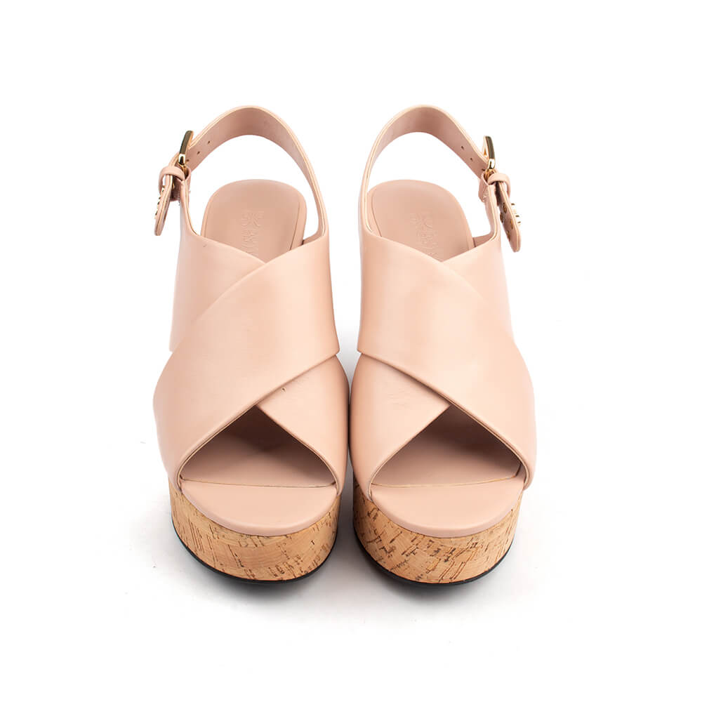 Nude leather peep toe cork wedge sandals gold buckle slingback women