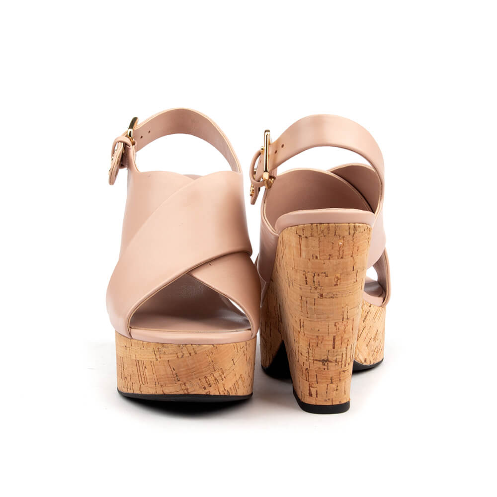 Cross-strap cork wedge heels blush nude leather gold hardware women