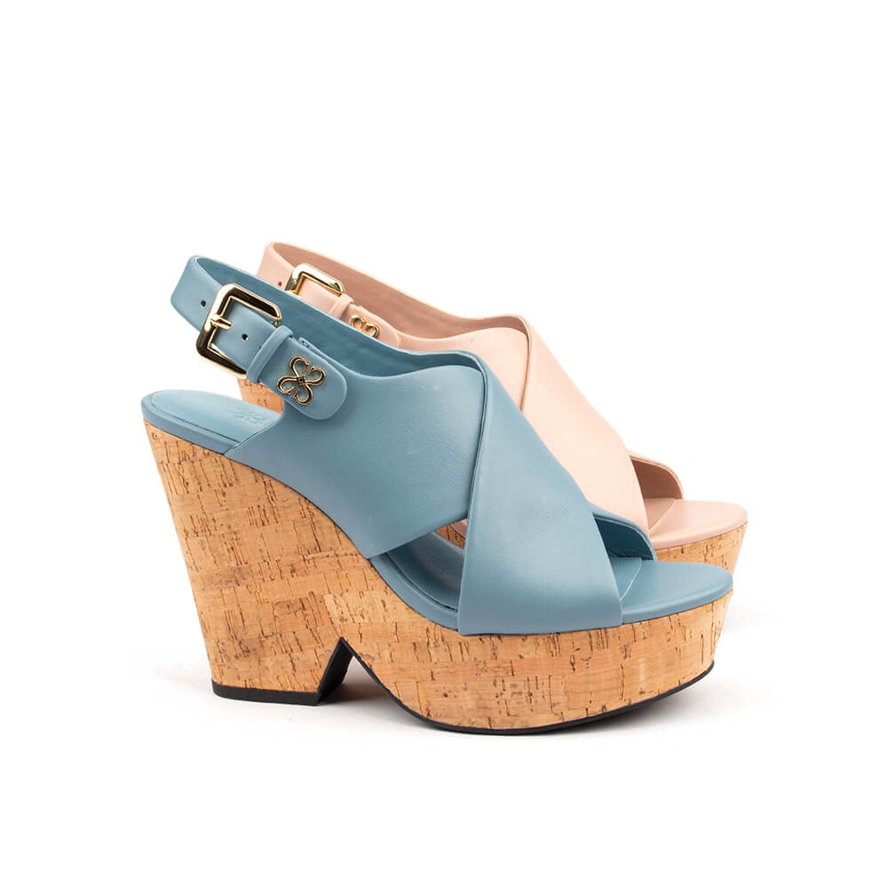 Open toe cork wedge sandals nude leather gold buckle ankle strap