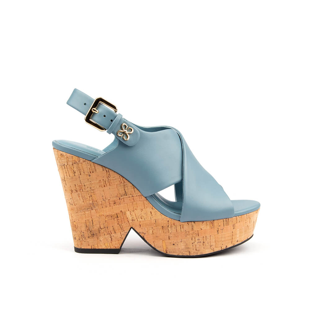 Women's sky drift blue leather cross-strap cork wedge sandals