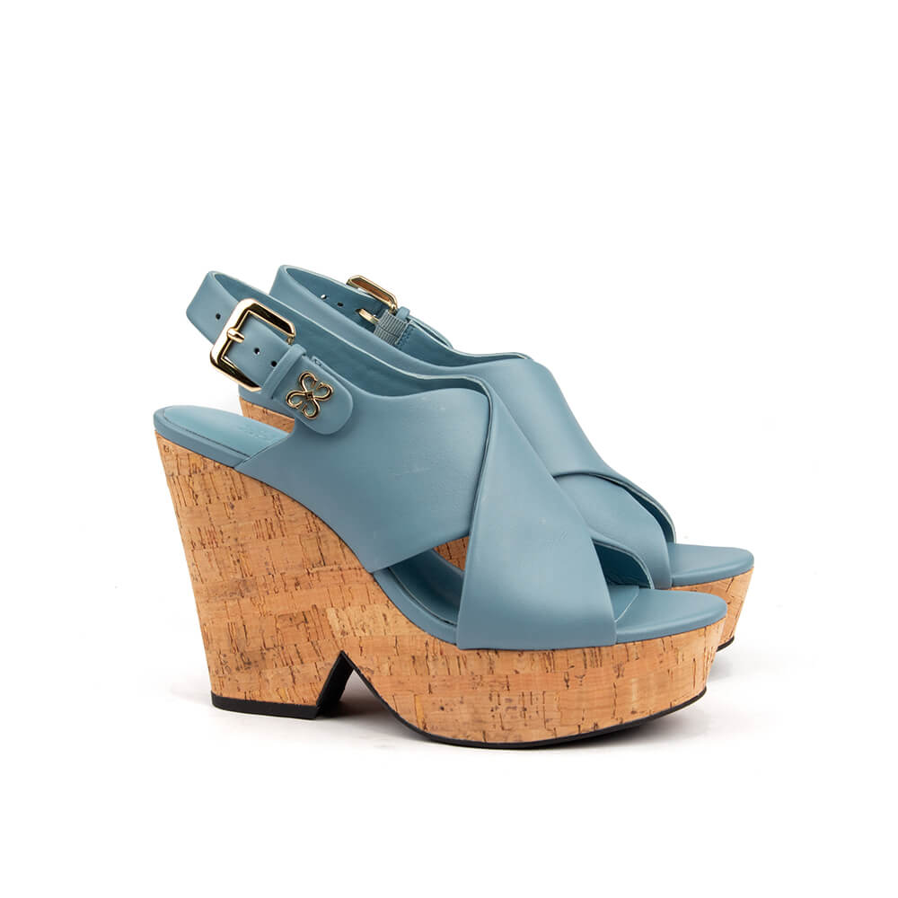 Denim blue leather cork platform wedge sandals cross-strap slingback