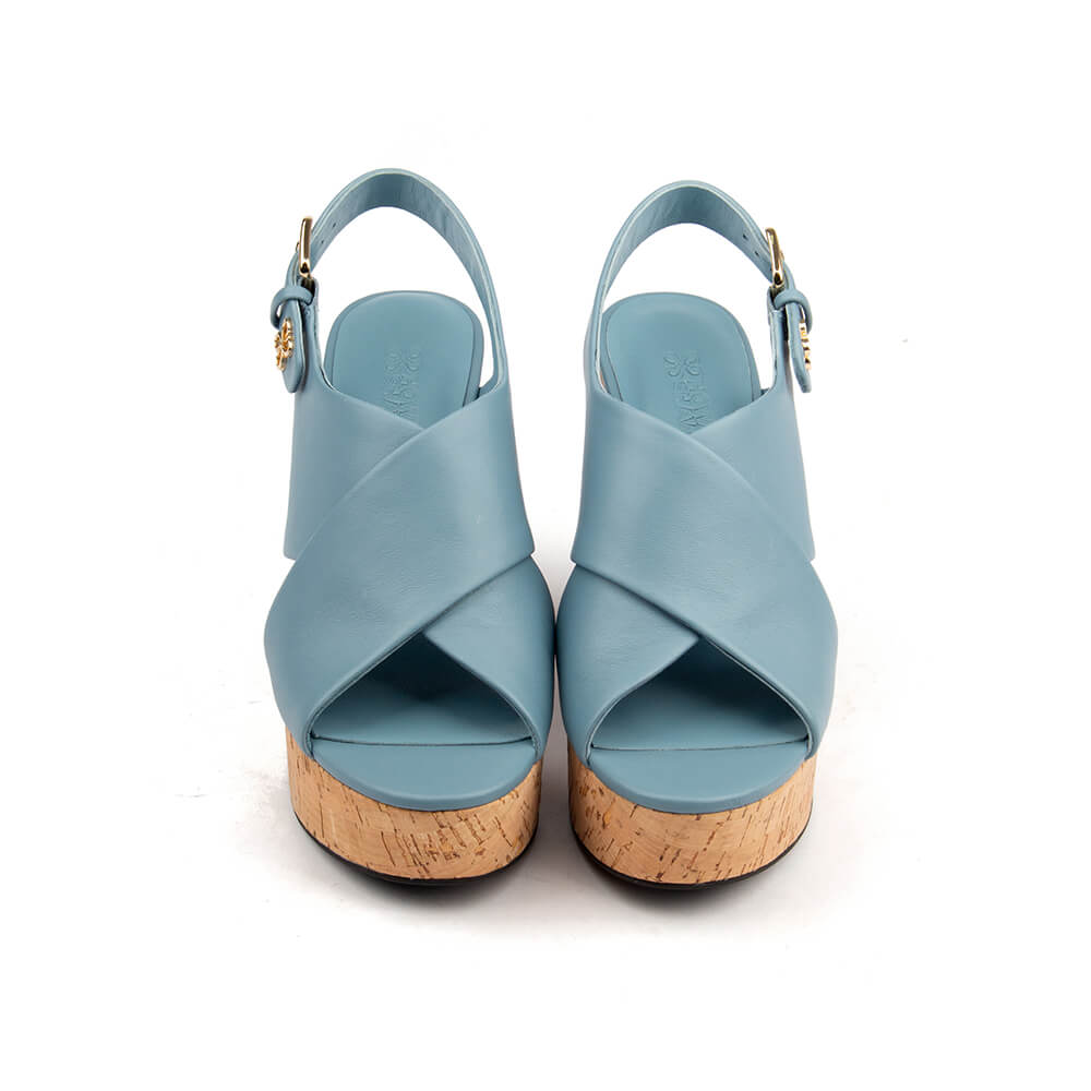 Blue leather peep toe cork wedge sandals gold buckle slingback women