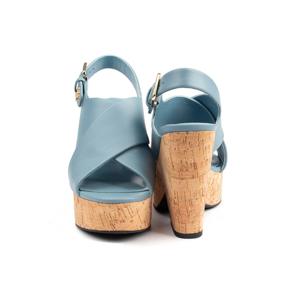 Cross-strap cork wedge heels dusty blue leather gold hardware women