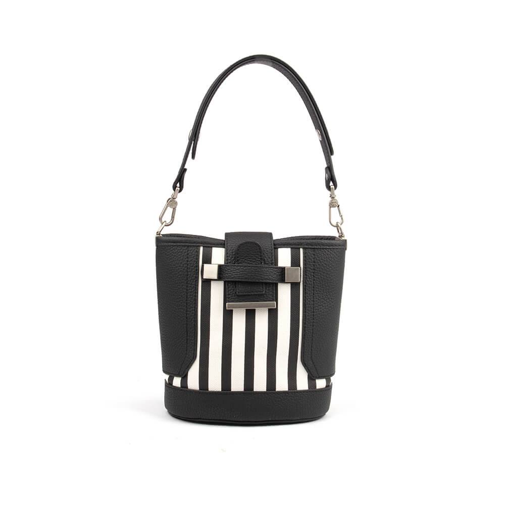 Women's mini structured bucket bag with vertical stripe panel and pebbled leather