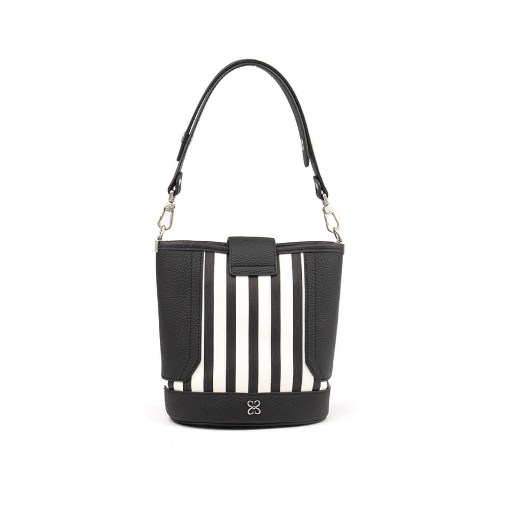 Pebbled leather bucket bag with stripe canvas front panel and silver hardware