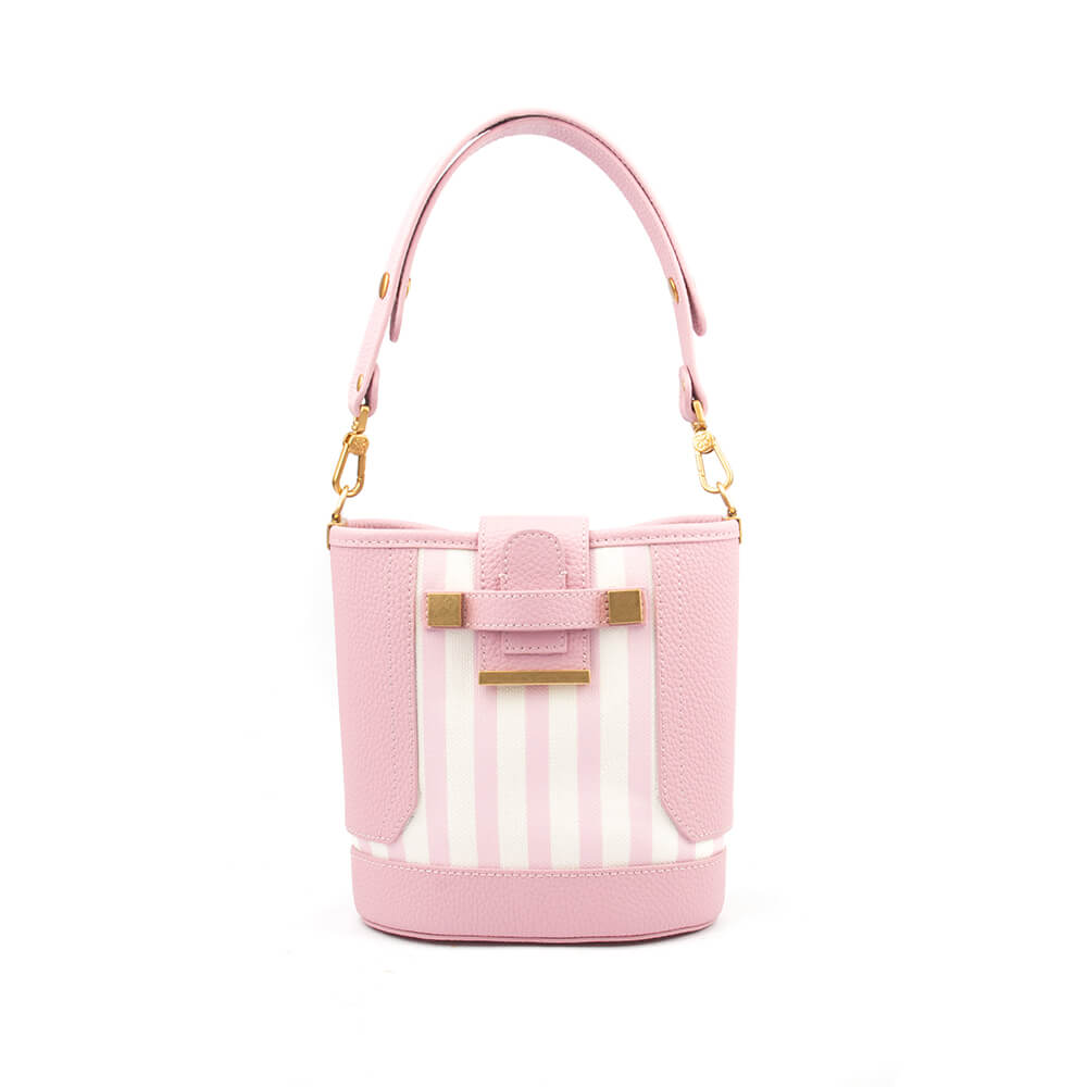 Striped leather bucket bag in petal pink with gold hardware and logo detail