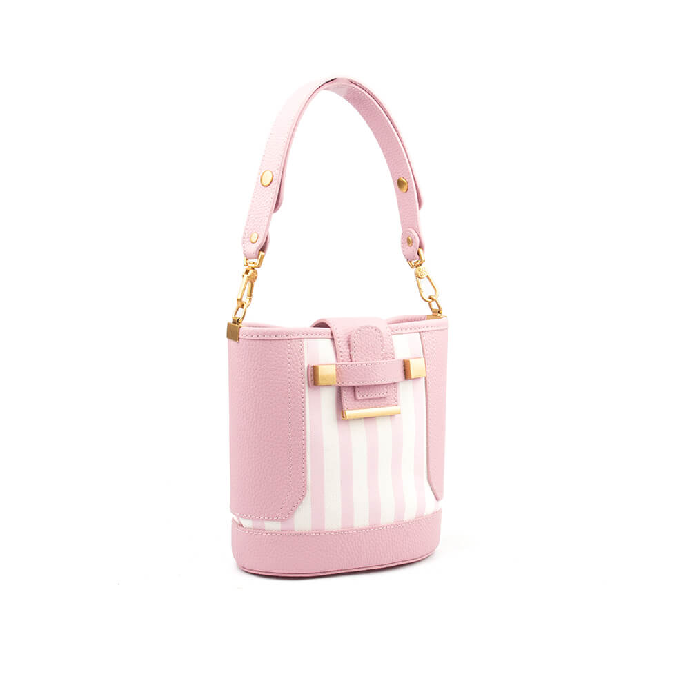 Women's pink and white striped bucket bag with pebbled leather and tab closure