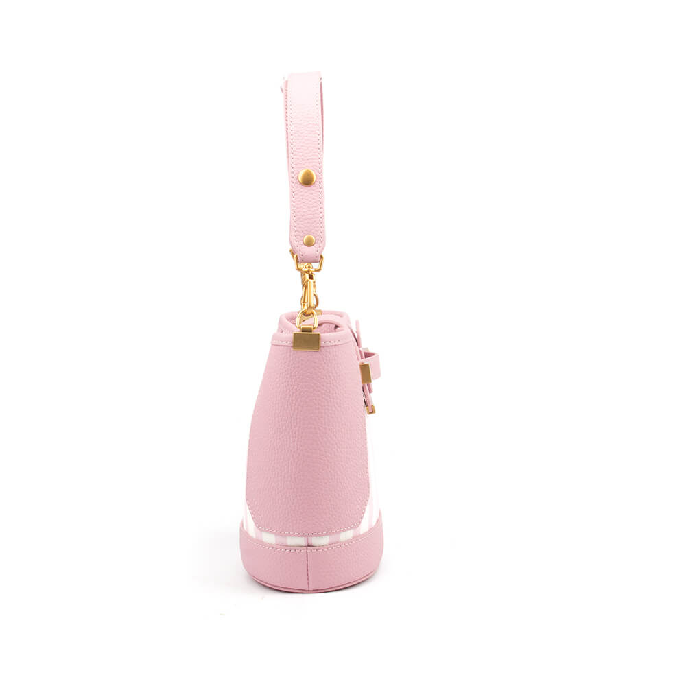 Pink striped structured handbag with signature logo emblem and adjustable strap