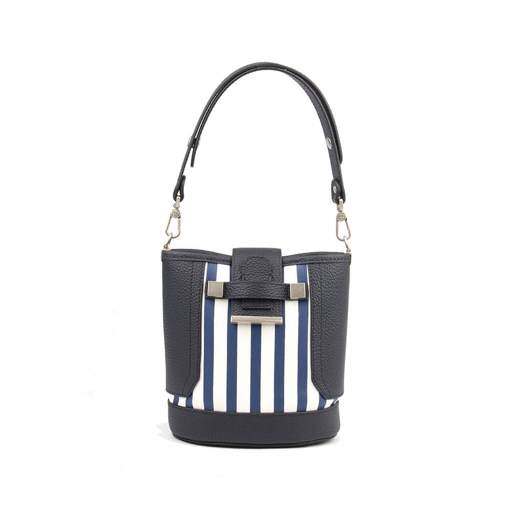 Striped leather bucket bag in nautical navy and white with logo hardware