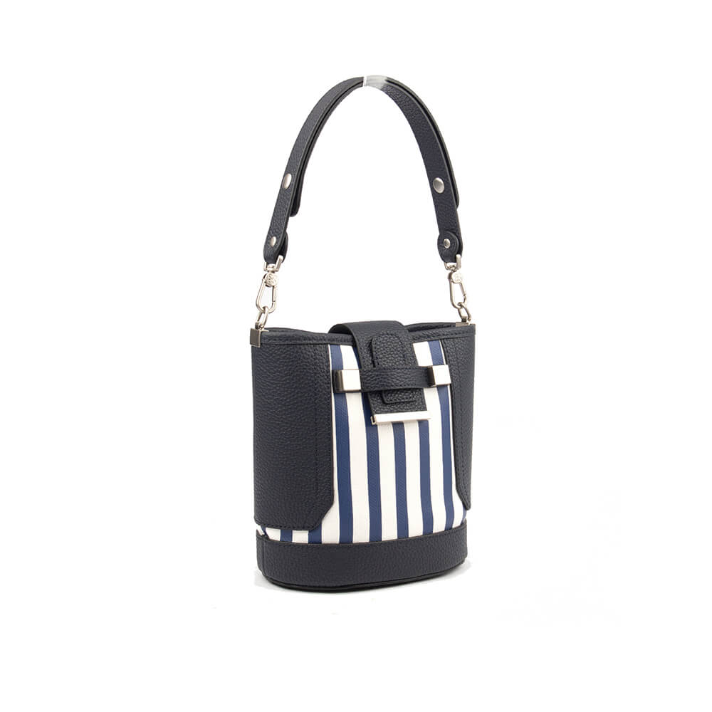 Women's navy blue striped bucket bag with pebbled leather and silver hardware