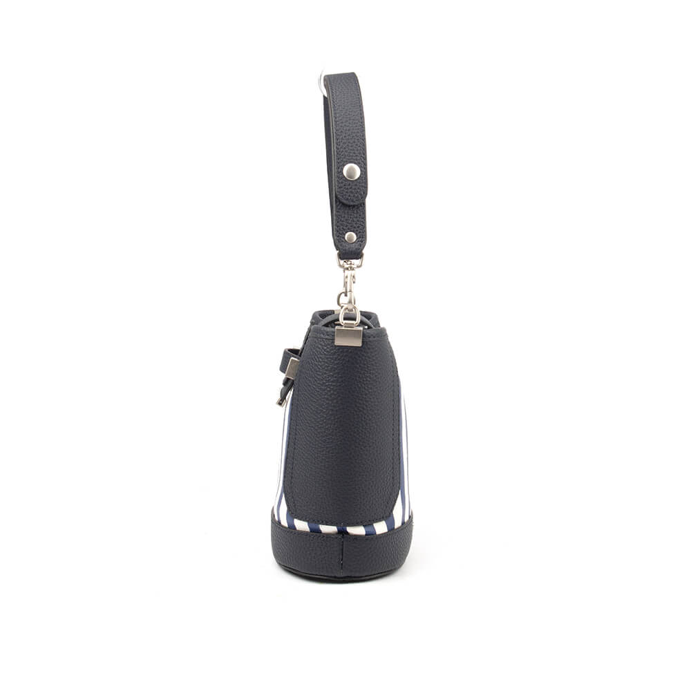 Nautical navy stripe mini handbag with tab closure and adjustable handle