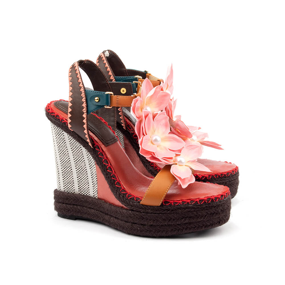 3D blush flower pearl center T-bar espadrille wedge sandals women