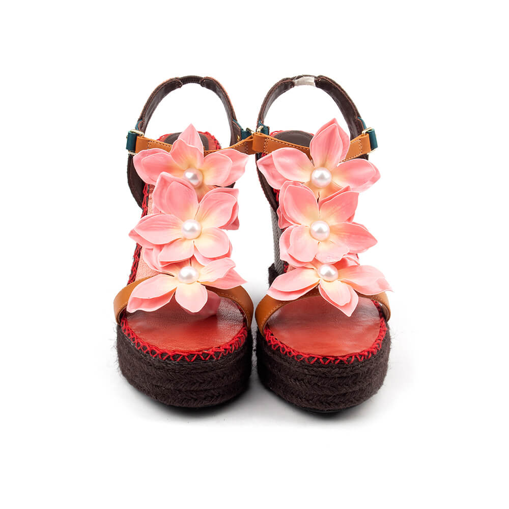 Leather T-bar espadrille platform wedge sandals floral appliqué pearl