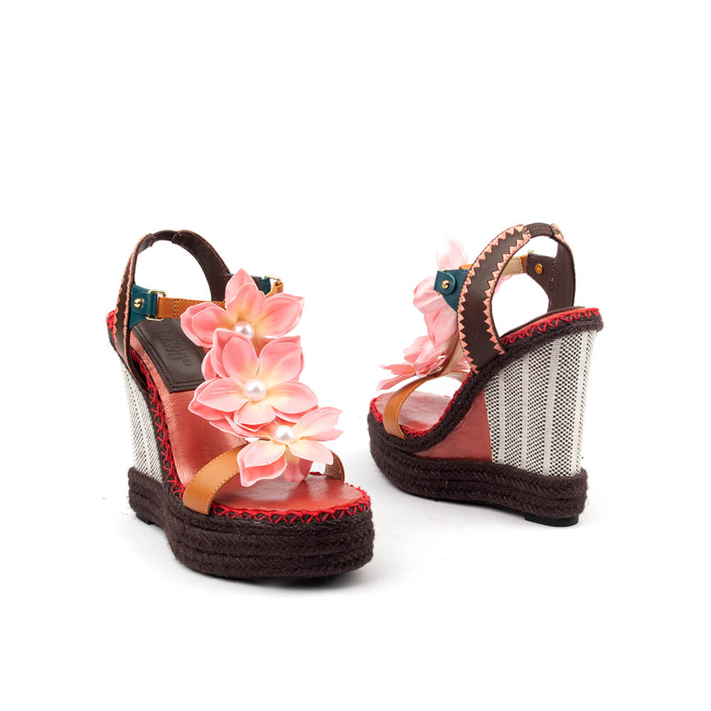 Women's resort wedge sandals blush pink flower pearl espadrille platform