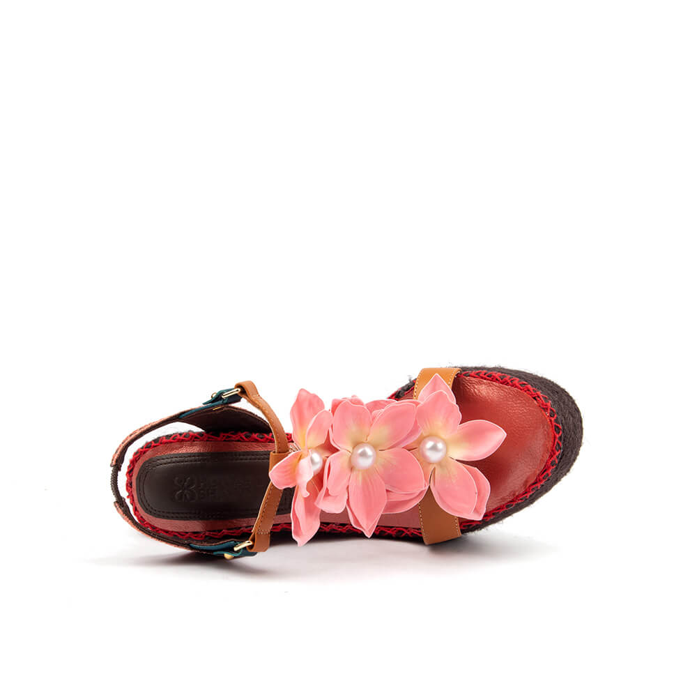 Espadrille platform wedge heels floral appliqué coral whipstitch detail