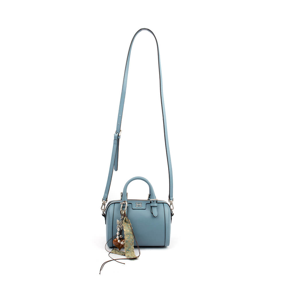 Trendy women's mini leather handbag steel blue silver hardware pearl heart charm