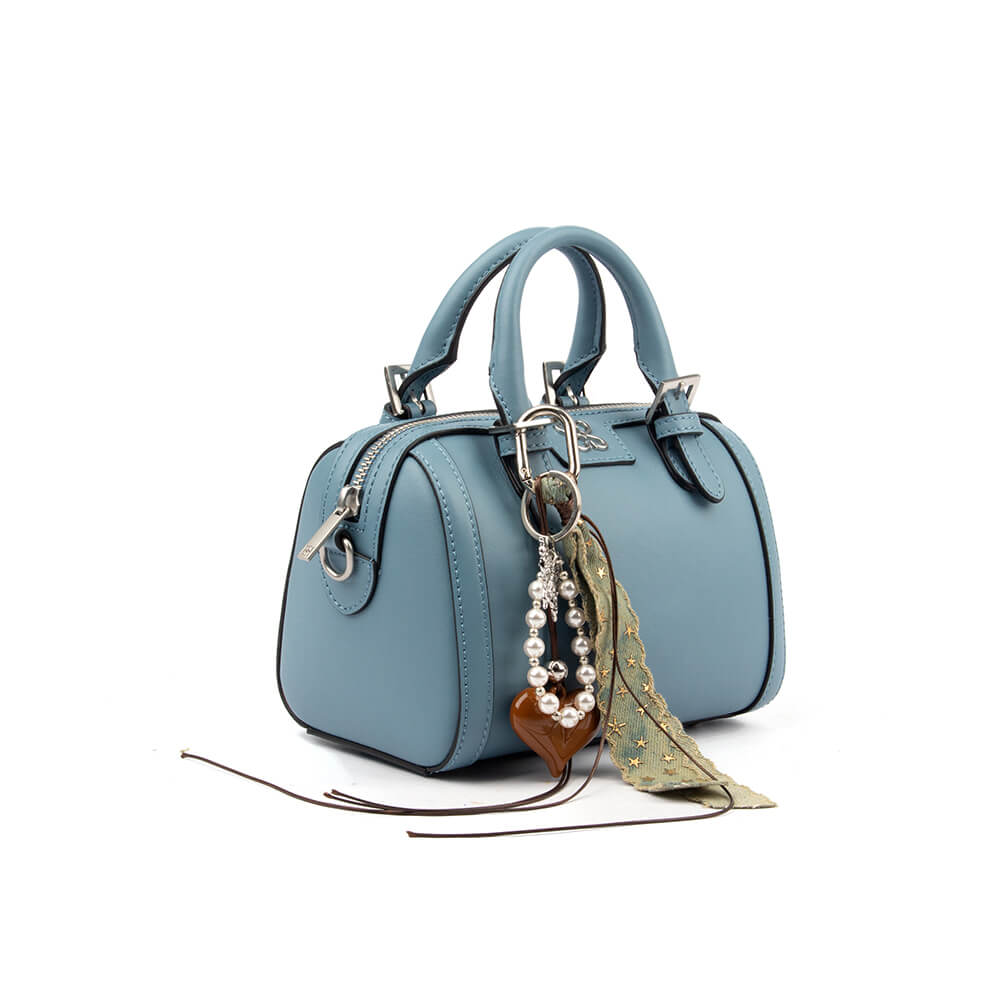 Romantic steel blue mini handbag with pearl charm for feminine everyday style