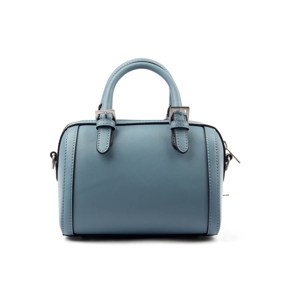 Women's steel blue leather mini boston bag silver hardware pearl charm lace ribbon