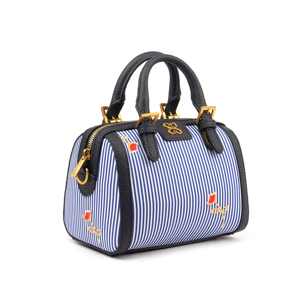 Steel blue leather mini boston bag with pearl charm and lace ribbon accessory