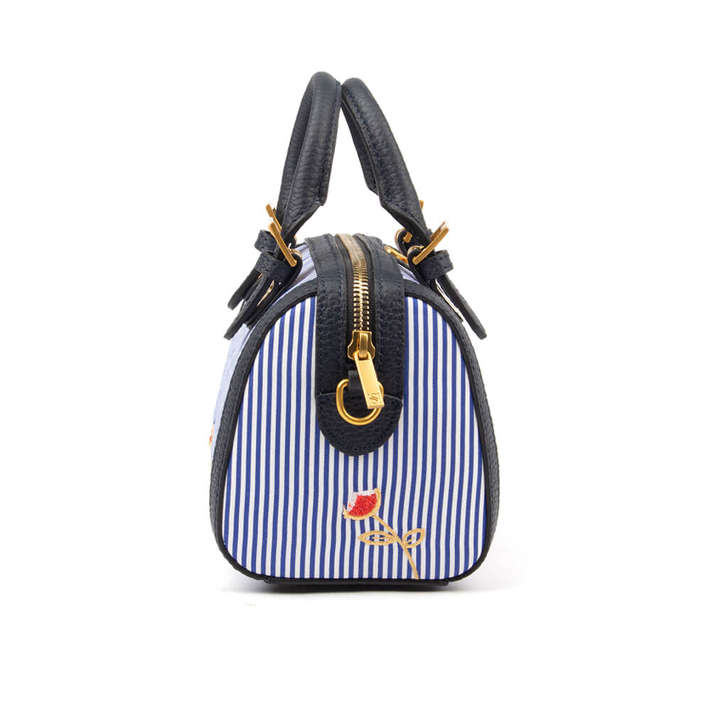 Romantic steel blue mini handbag with pearl charm for feminine everyday style