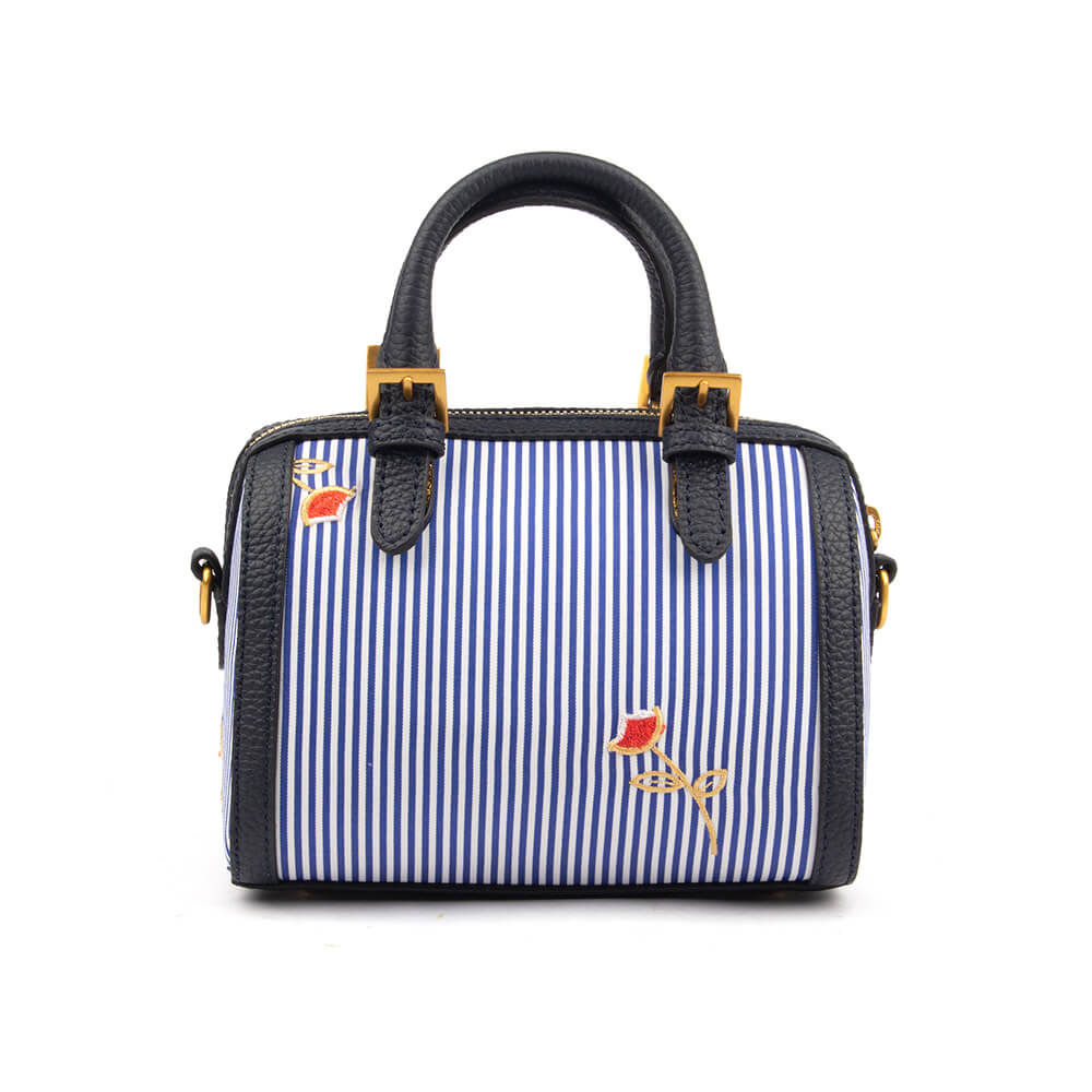 Smooth steel blue leather mini bag with zip closure silver hardware and pearl charm