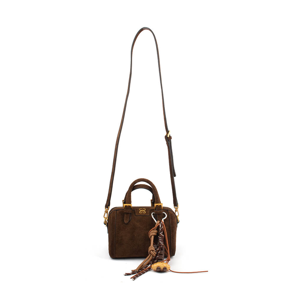 Trendy women's mini suede handbag chocolate brown gold buckle bag charms