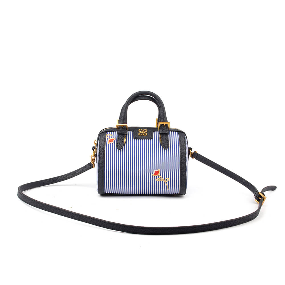Cute mini dusty blue top handle satchel with logo and pearl bead charm set