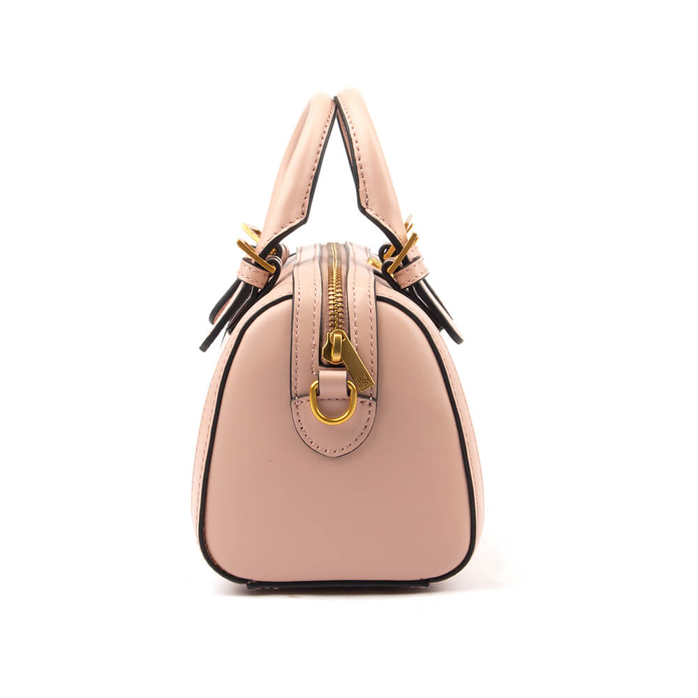 Women's blush pink smooth leather mini boston bag gold hardware logo emblem