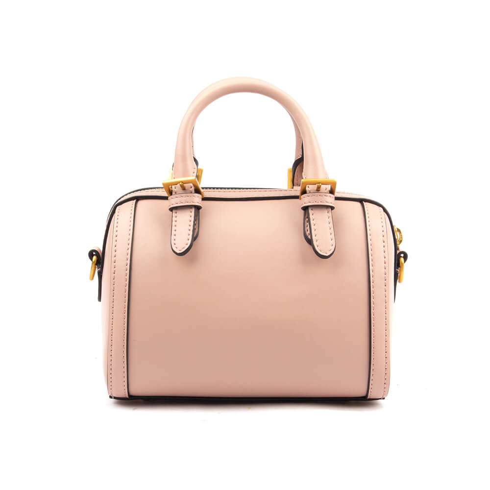 Blush pink leather mini boston bag with gold hardware and logo emblem
