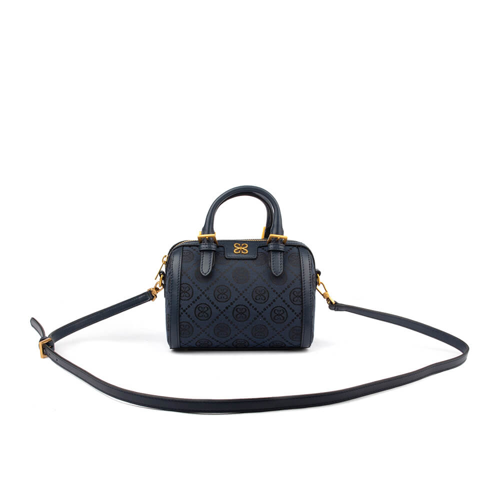 Women's navy blue jacquard monogram mini boston bag gold hardware logo emblem