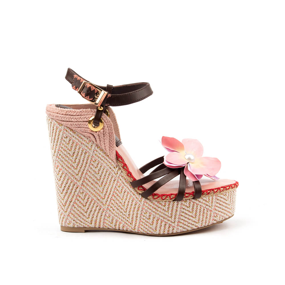 Woven textile wedge sandals blush floral appliqué pearl T-bar women