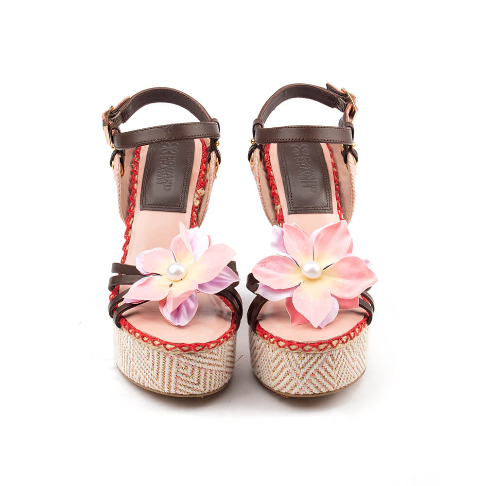 Bold statement wedge sandals tropicana weave floral pearl espadrille