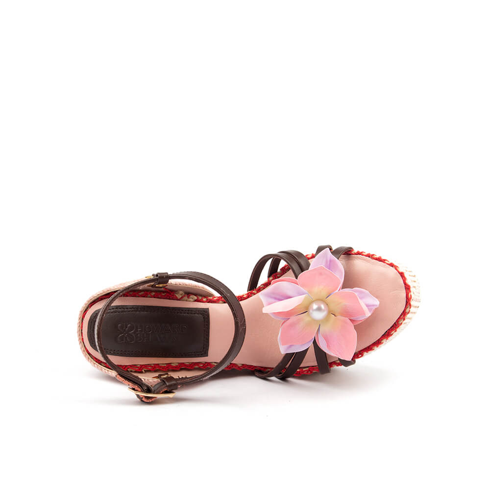 Jute rope espadrille platform sandals floral appliqué women's wedge