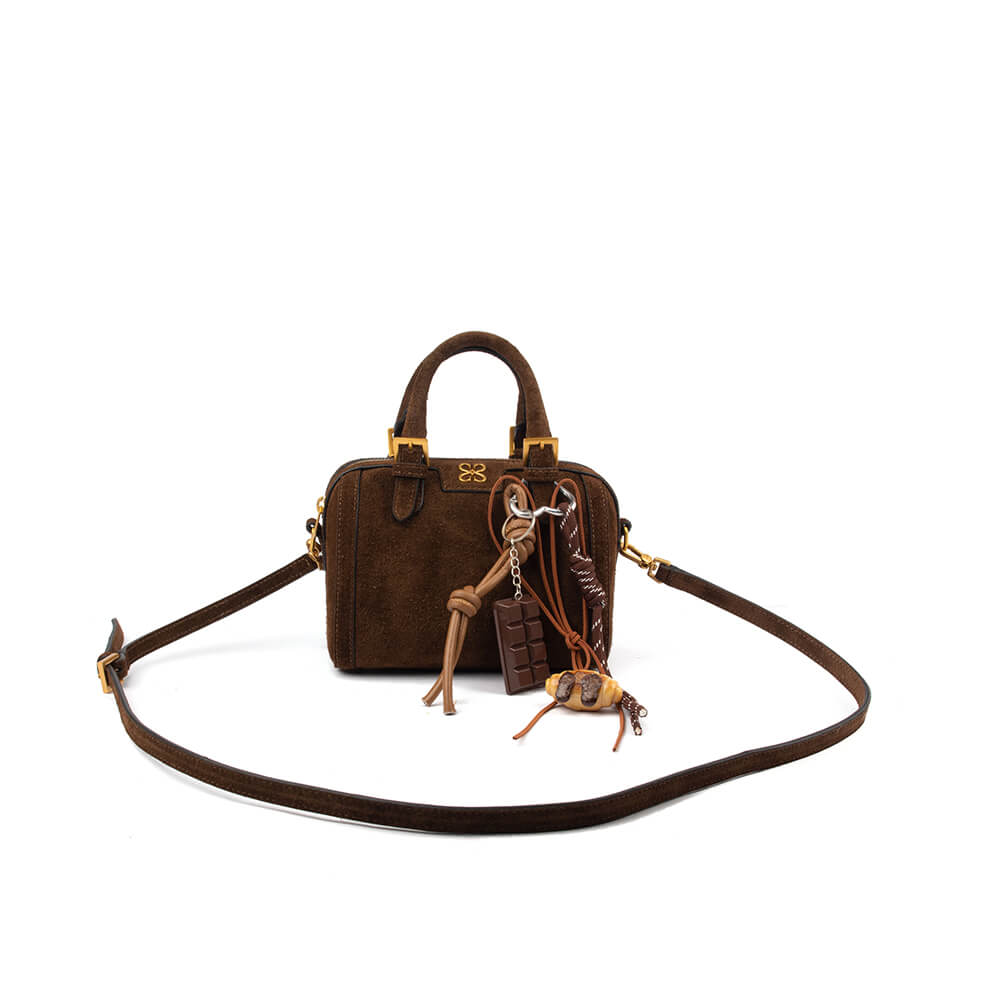 Women's chocolate brown suede mini boston bag gold hardware novelty charms